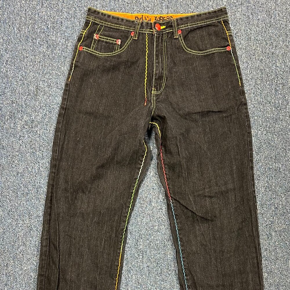 Brooklyn Xpress Dark Wash Embroidered Baggy Wide Skate Jeans Sz 34